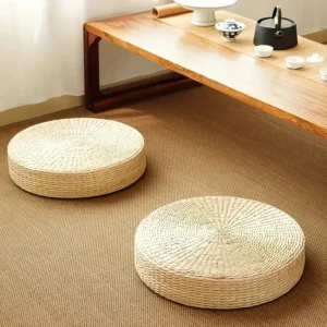 Round Woven Rush Cushion Meditation Zafu Yoga Mat for Floor Tatami Kneeling Tea Ceremony Zen Window Seat