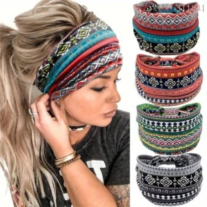 [E] Bohemia Grid Women Headpiece Stretch Turban Hair Accessories Headwear Yoga Run Bandage Hair Bands Headbands Wide Headwrap
