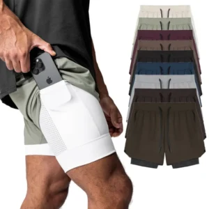 Men's summer gym fitness double layered 2-in-1 shorts, quick drying running exercise jogging shorts, bodybuilding sports pants